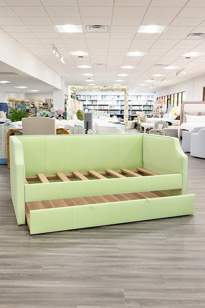 The Addison Twin Trundle Daybed - Striped Green Fabric - Sky Blue Trim