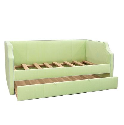 The Addison Twin Trundle Daybed - Striped Green Fabric - Sky Blue Trim