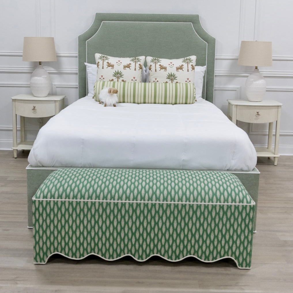 50” L Scalloped End of Bed Bench in Sage Leaf Fabric - White Trim