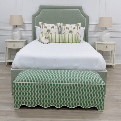 50” L Scalloped End of Bed Bench in Sage Leaf Fabric - White Trim
