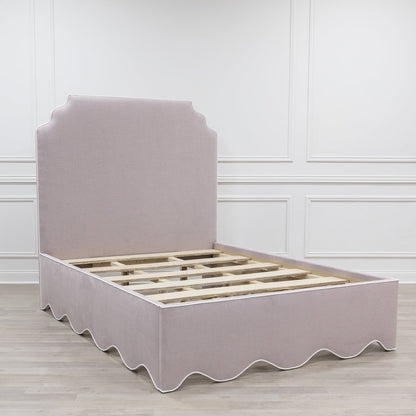 The Helena Queen Bed - Scalloped Base - Lilac Woven Fabric - White Trim