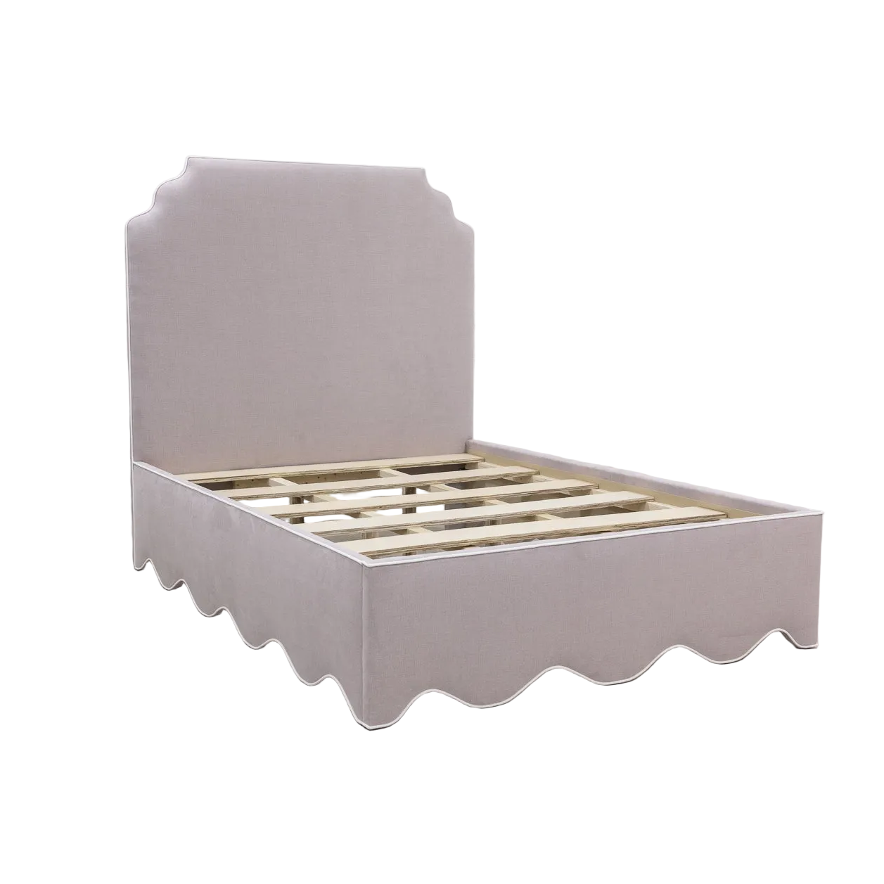 The Helena Queen Bed - Scalloped Base - Lilac Woven Fabric - White Trim