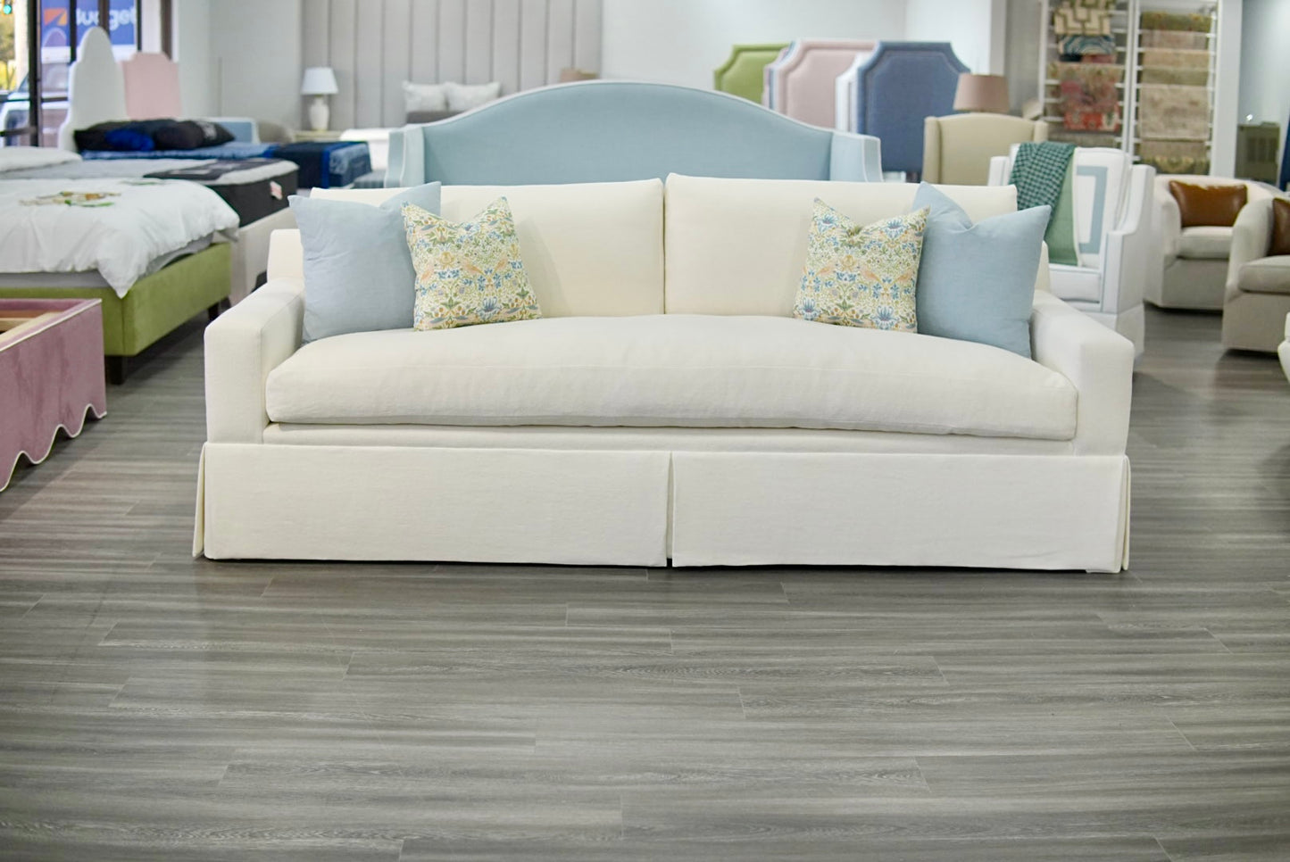 Luxe Feather-Seat Skirted Sofa in Schumacher Designer Upholstery Linen Fabric – Custom Built, In Stock