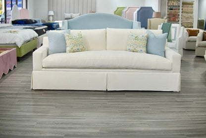 Luxe Feather-Seat Skirted Sofa in Schumacher Designer Upholstery Linen Fabric – Custom Built, In Stock