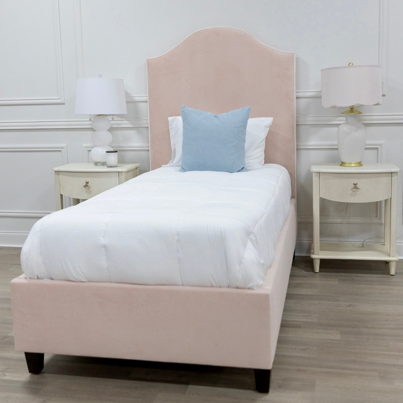 The Lilliane Twin Bed - Performance Velvet Fabric Rose Pink - White Trim
