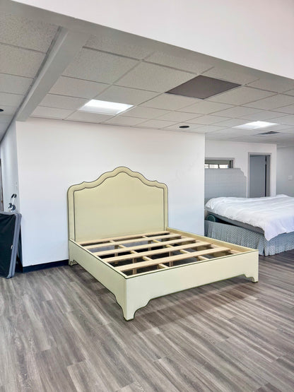 65"H King Bed  - Pale Sage Green Linen Fabric with Olive Green Velvet Trim