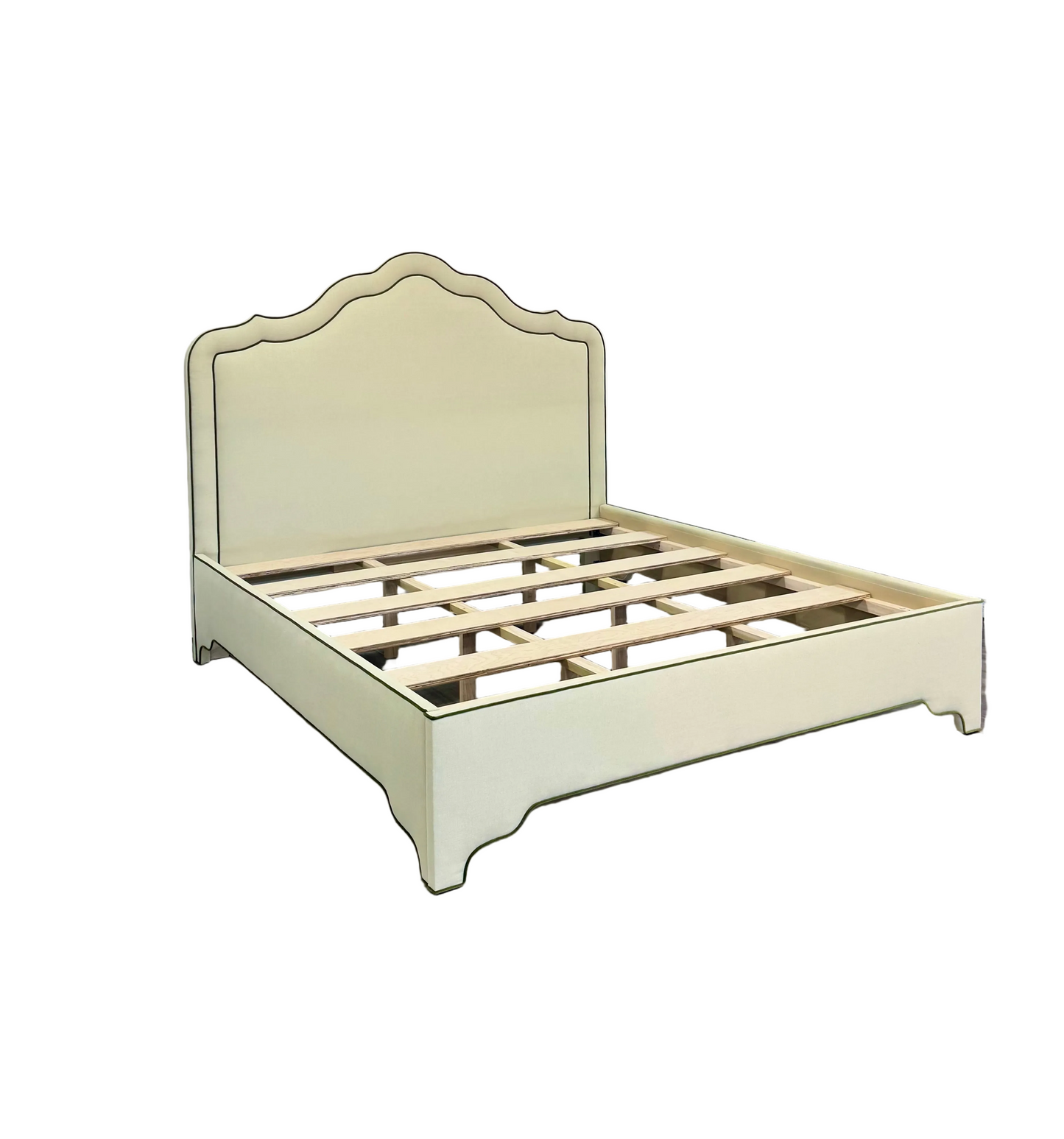 65"H King Bed  - Pale Sage Green Linen Fabric with Olive Green Velvet Trim