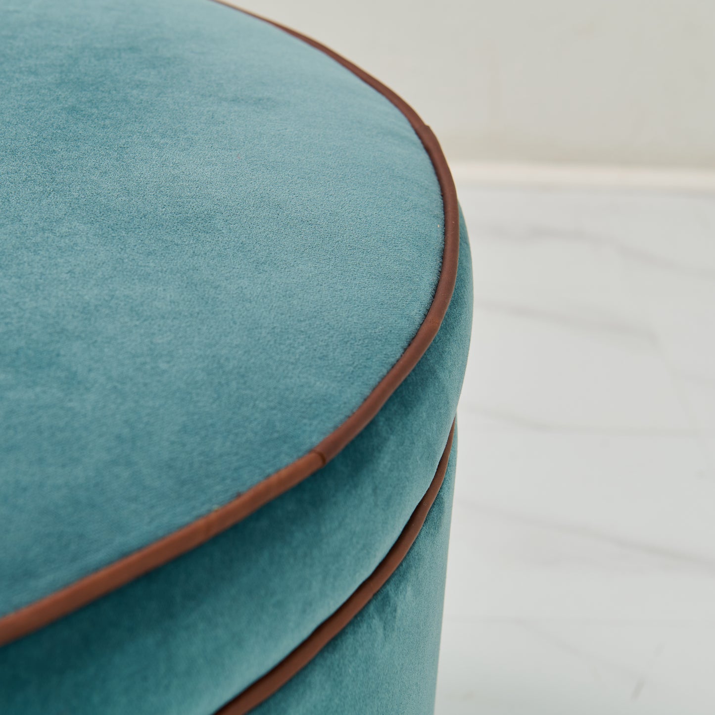36" Round Ottoman / Coffee Table in Turquoise Mohair Fabric - Brown Leather Trim