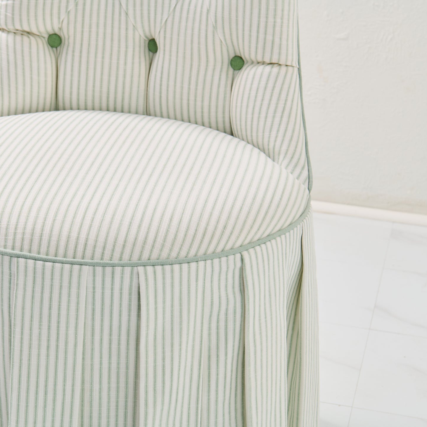 Custom Skirted Vanity Chair / Stool in Classic Green Striped- Pistachio Trim