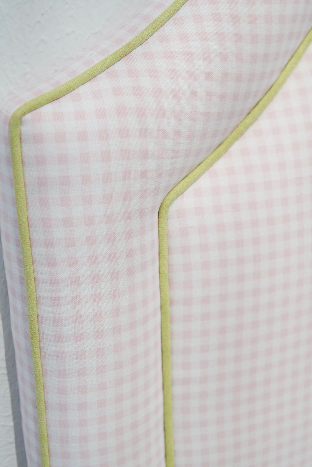 65" H Queen Upholstered Platform Bed - Brown Wooden Legs - Bella Pink Gingham Fabric with Pear Green Trim