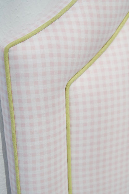 65" H Queen Upholstered Platform Bed - Brown Wooden Legs - Bella Pink Gingham Fabric with Pear Green Trim