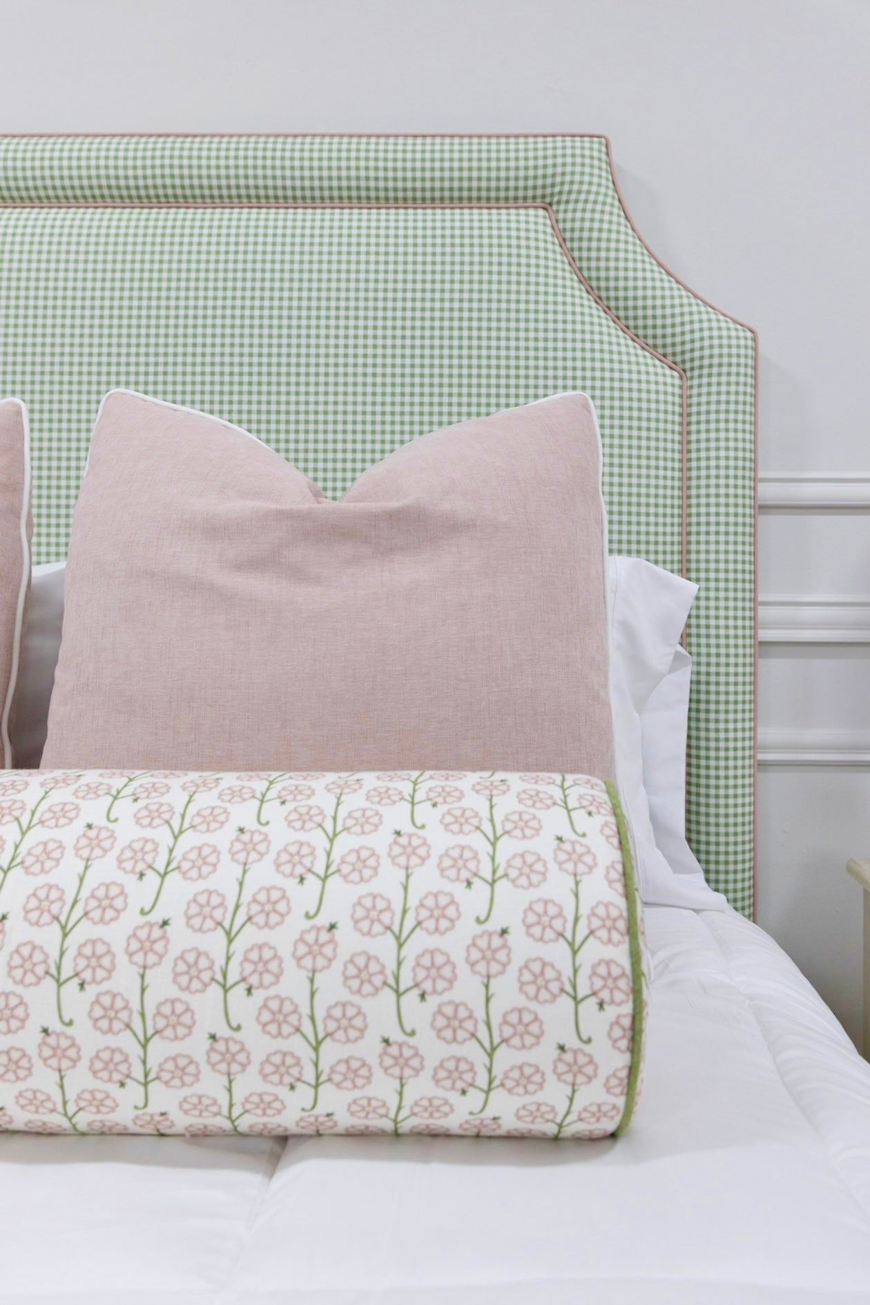 65”H Queen Platform Upholstered Bed - Sage Green Gingham Fabric with Blush Pink Trim