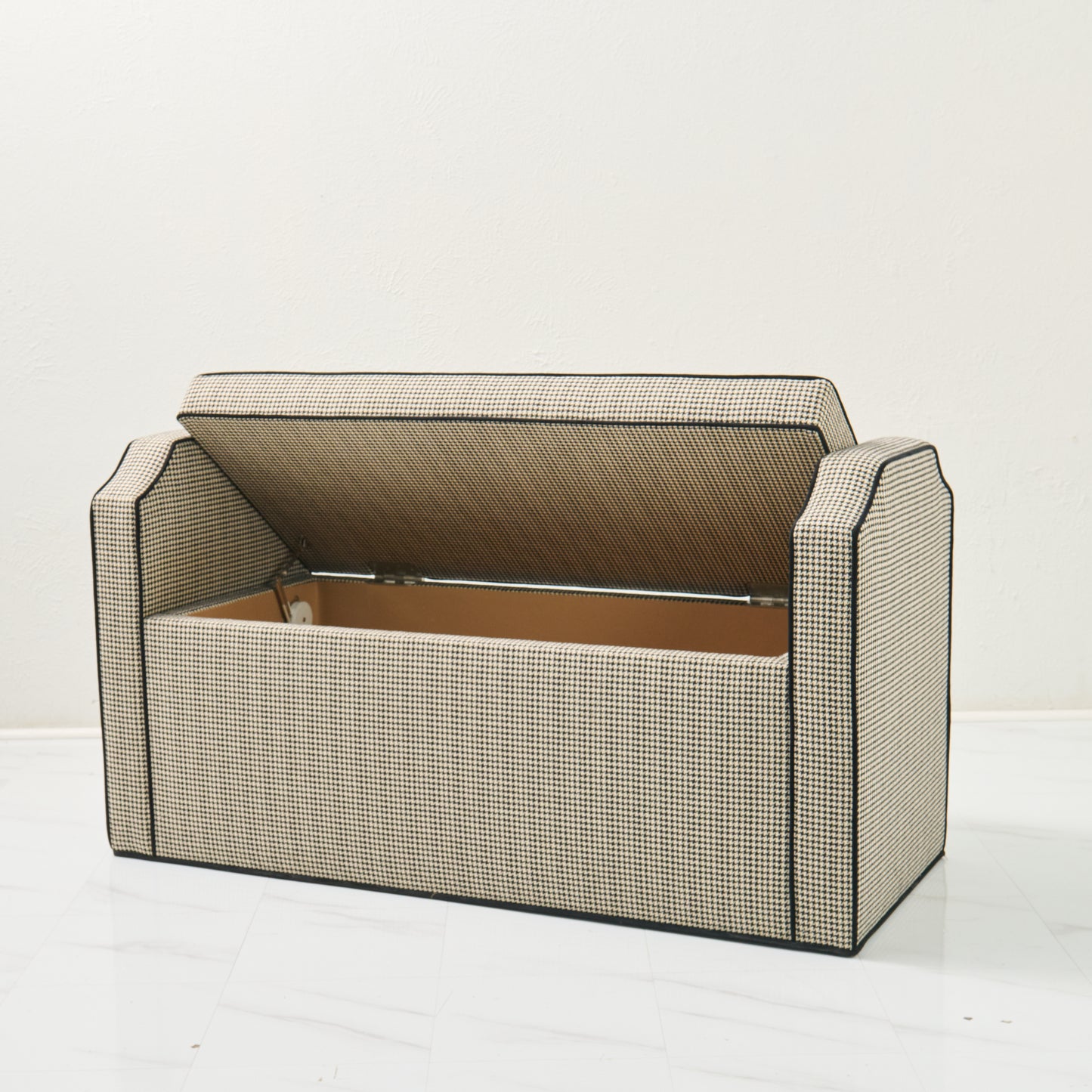Milly Storage Bench – Houndstooth Fabric with Black Mohair Trim