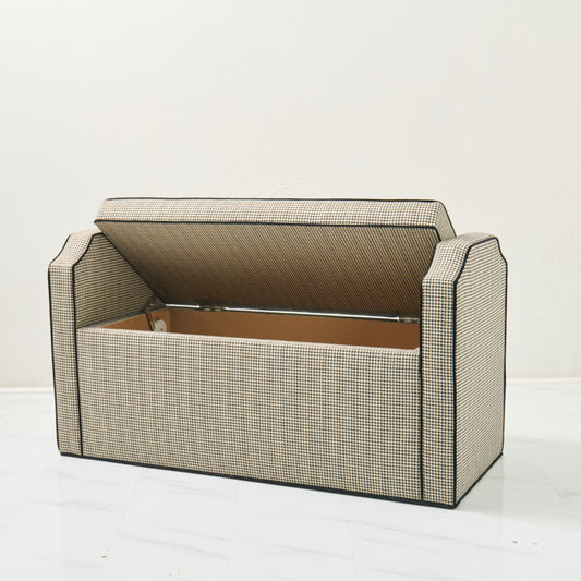 Milly Storage Bench – Houndstooth Fabric with Black Mohair Trim