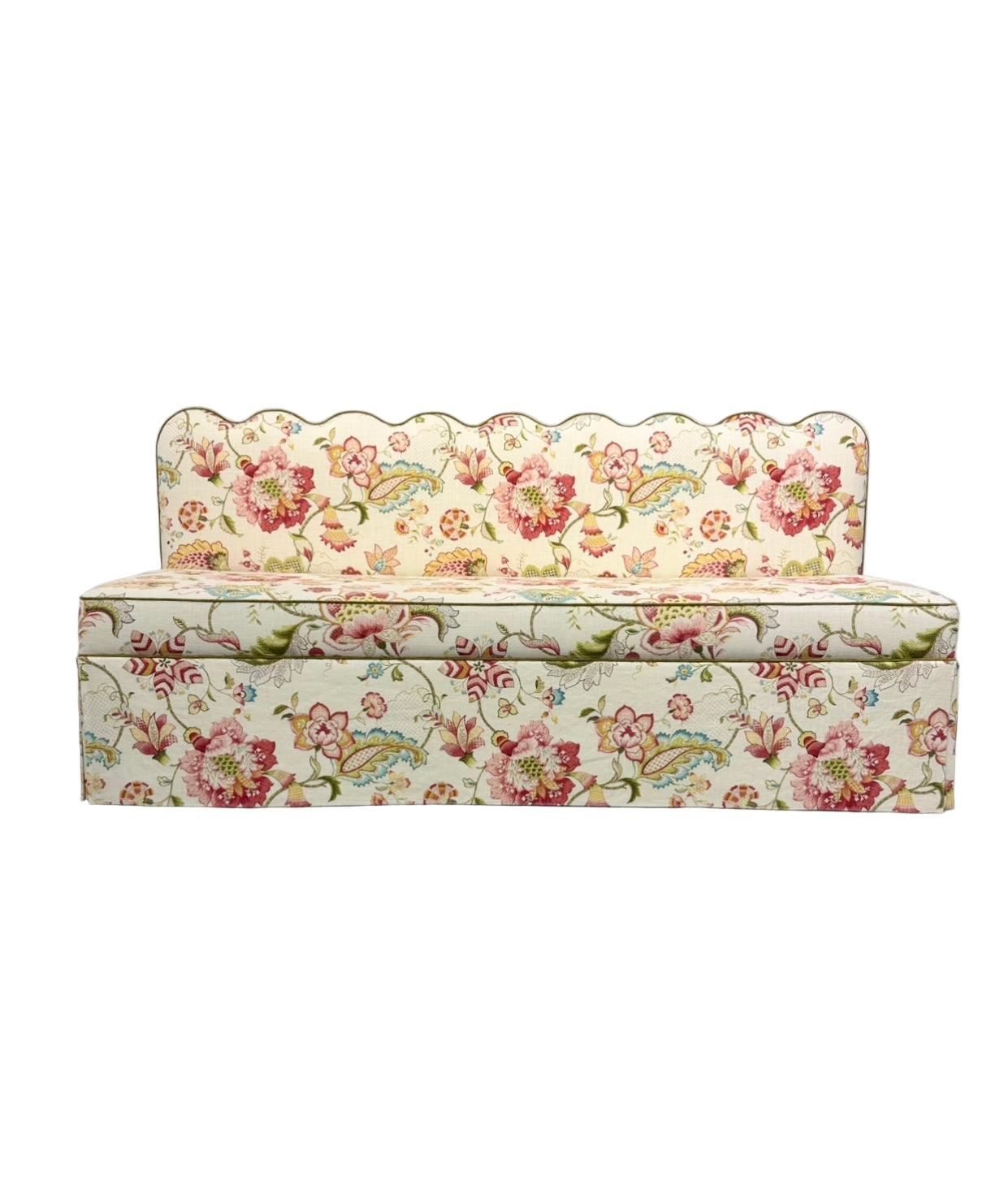 76"L Custom Scalloped Banquette in Ophelia Blossom - Modern Upholstered Dining Banquette with Pleated Skirt