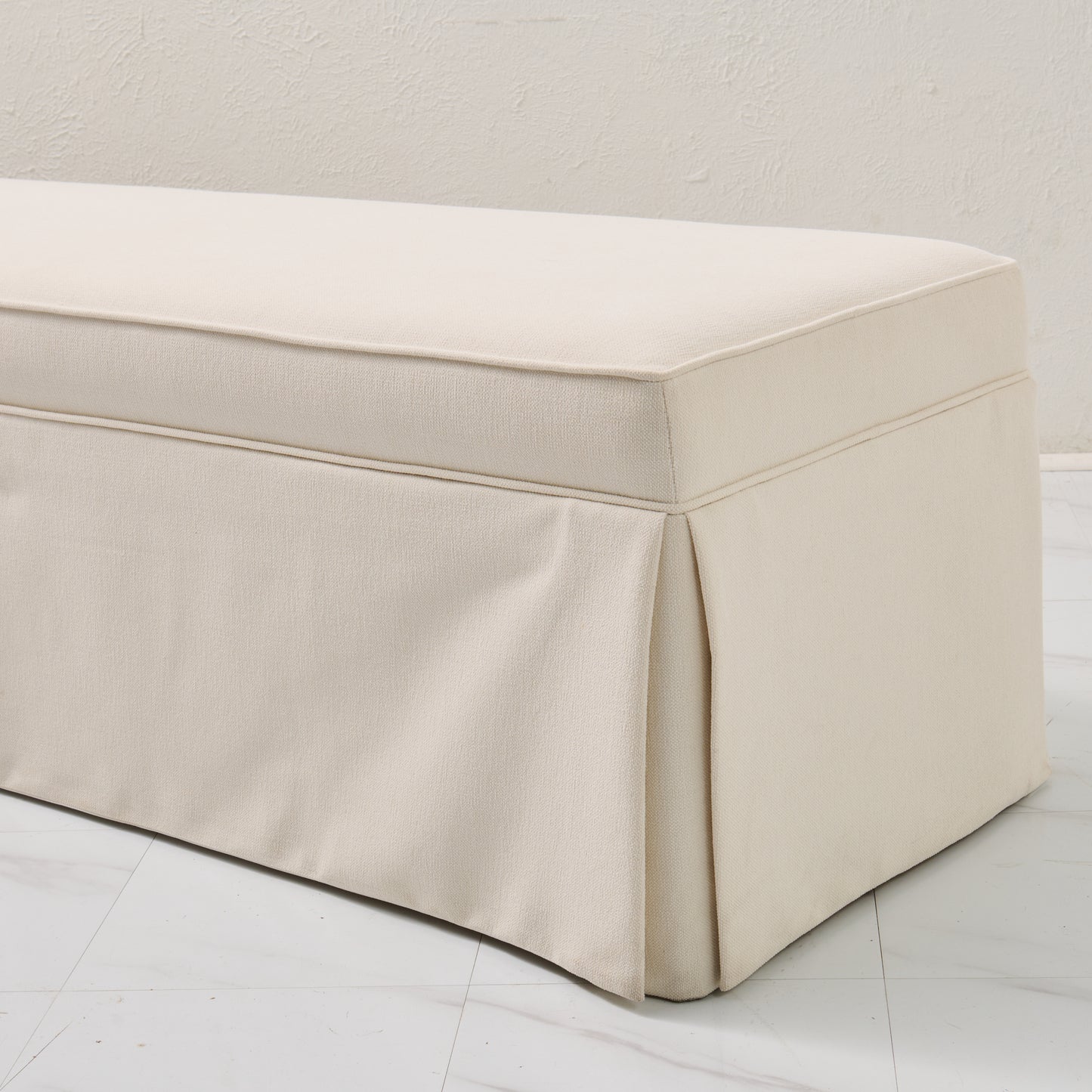 60"L Custom Skirted Bench - Off White Woven Fabric