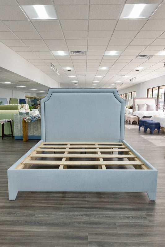 65" H King Platform Bed - Upholstered Legs - Sky Blue Woven Fabric with Navy Trim