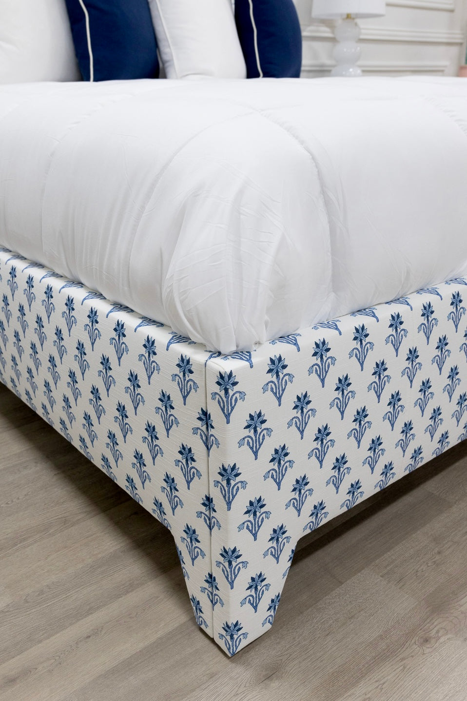 The Jacob King Bed - Blue Floral Linen Fabric - Navy Trim