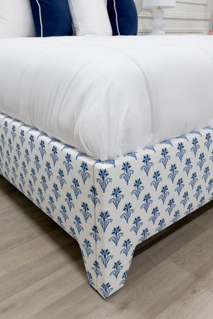 The Jacob King Bed - Blue Floral Linen Fabric - Navy Trim