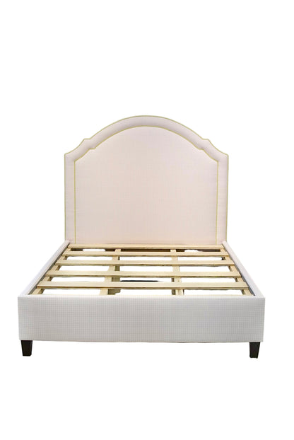 65" H Queen Upholstered Platform Bed - Brown Wooden Legs - Bella Pink Gingham Fabric with Pear Green Trim