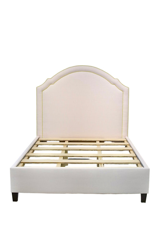 65" H Queen Upholstered Platform Bed - Brown Wooden Legs - Bella Pink Gingham Fabric with Pear Green Trim