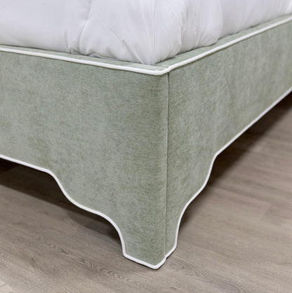 The Addison Queen Upholstered Platform Bed - Crypton Sage Linen Look Fabric - White Trim