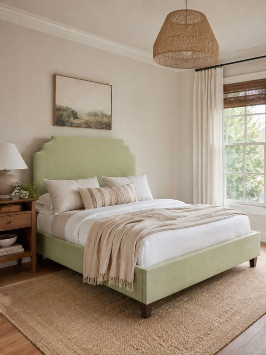 The Helena Queen Bed - Pear Green Woven - White Trim