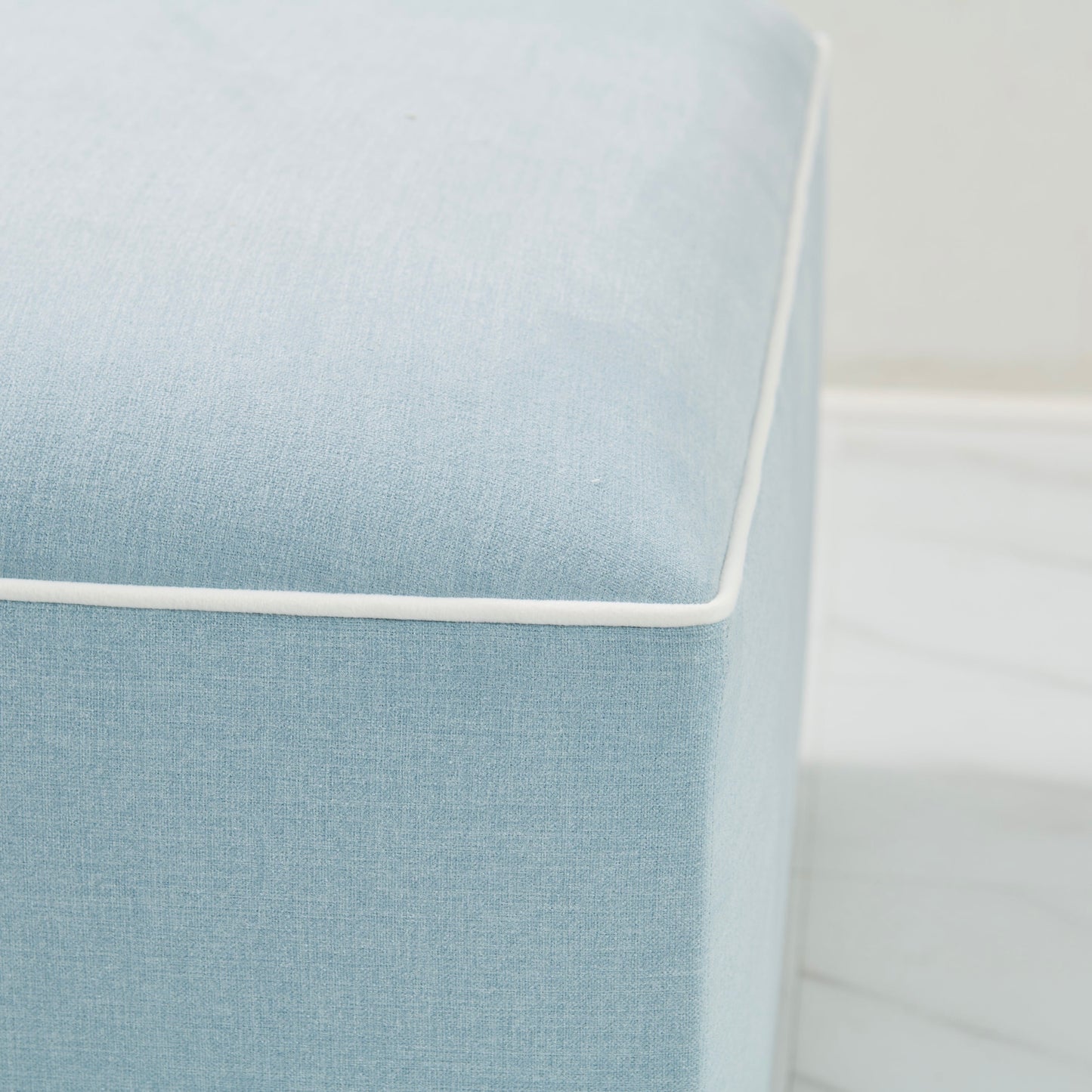 Scalloped Ottoman / Coffee table in Sky Blue Woven Fabric - White Trim
