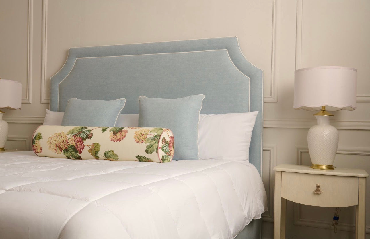 The Addison King Bed - Wooden Legs - Sky Blue Woven Fabric - White Trim