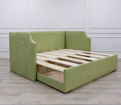The Addison Twin to King Trundle Daybed - Pistachio Green Woven Fabric - White Trim