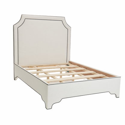 The Addison Queen Bed - Off-White Linen Fabric - Black Leather Trim