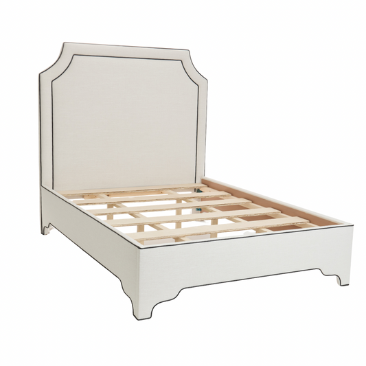 The Addison Queen Bed - Off-White Linen Fabric - Black Leather Trim