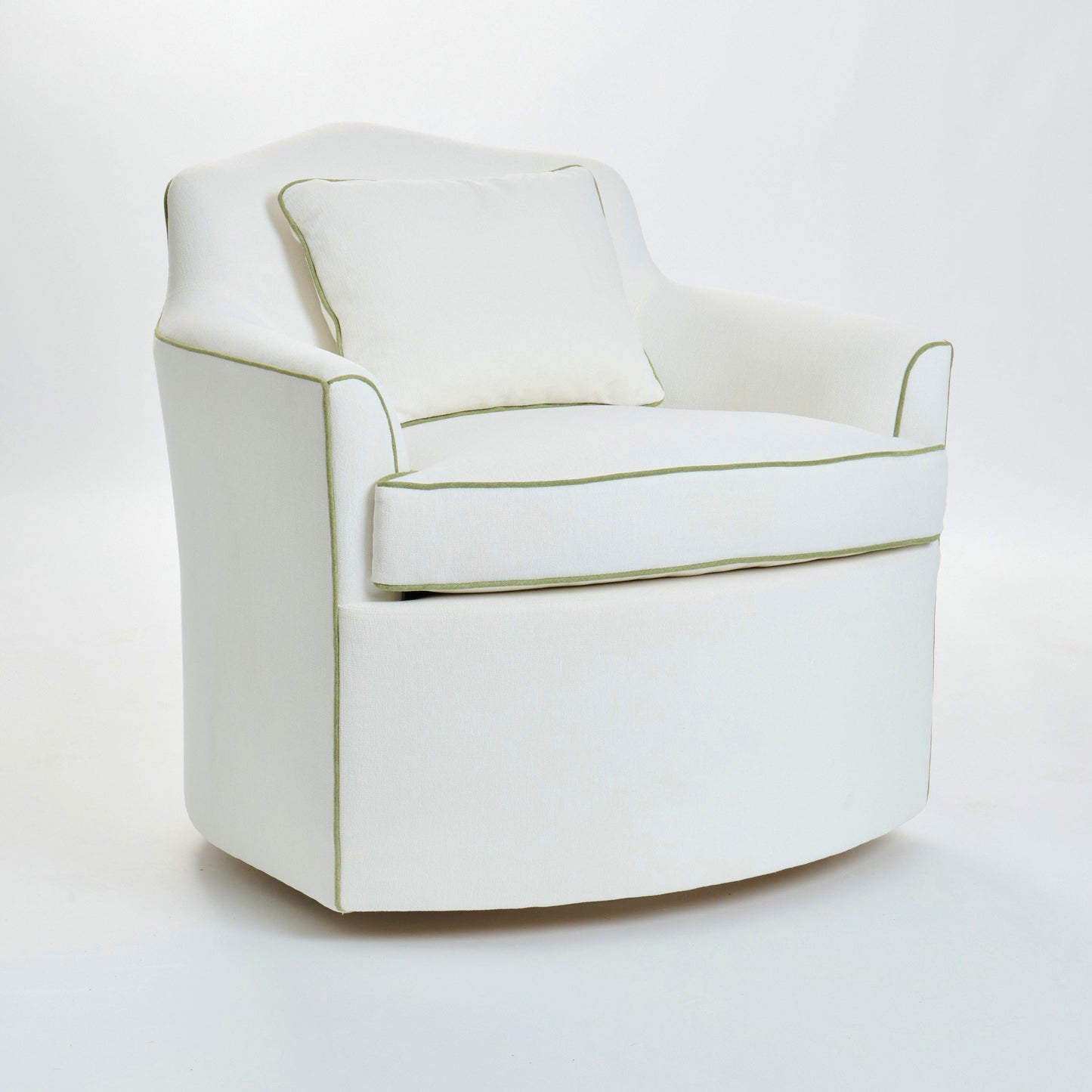 The Scarlett Swivel Chair: Crypton Off-White Fabric - Green Trim