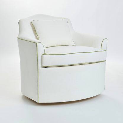 The Scarlett Swivel Chair: Crypton Off-White Fabric - Green Trim