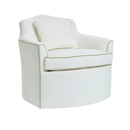 The Scarlett Swivel Chair: Crypton Off-White Fabric - Green Trim