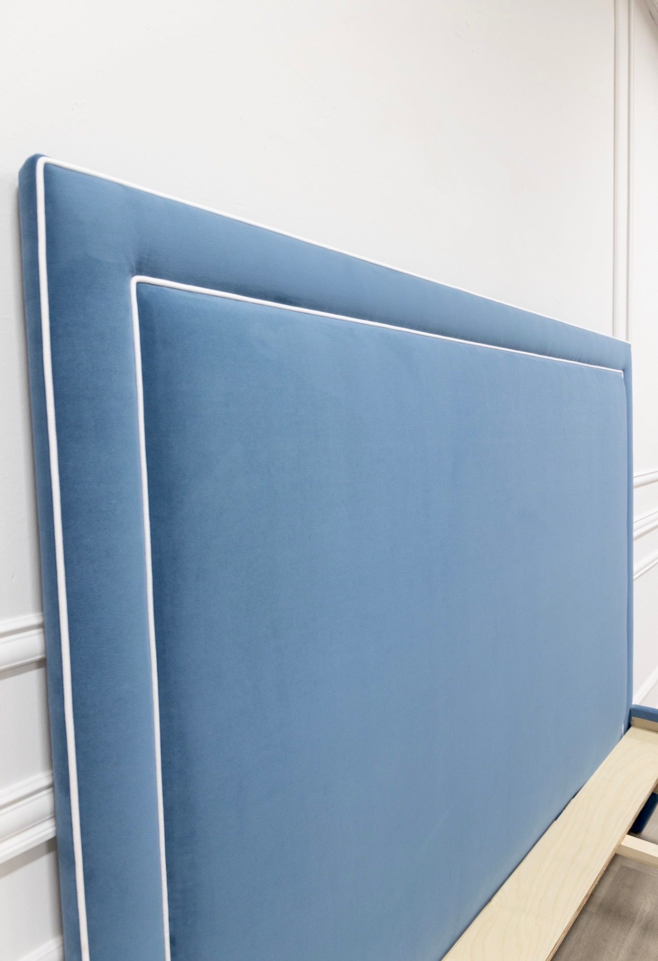 The Jacob King Bed - Upholstered Legs - Ocean Blue Performance Velvet Fabric - White Trim
