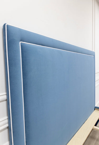 The Jacob King Bed - Upholstered Legs - Ocean Blue Performance Velvet Fabric - White Trim