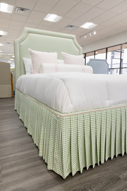 The Addison Queen Bed - Skirted Base - Sage Green Gingham Fabric - Pink Trim