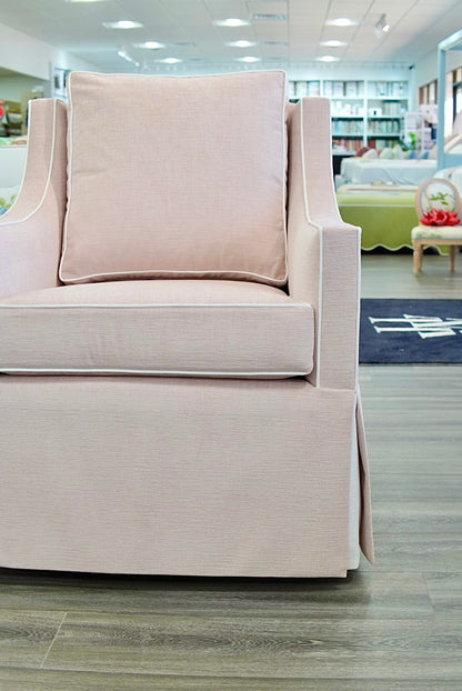 Custom Swivel Glider Chair – Performance Light Pink Chenille Fabric with White Trim