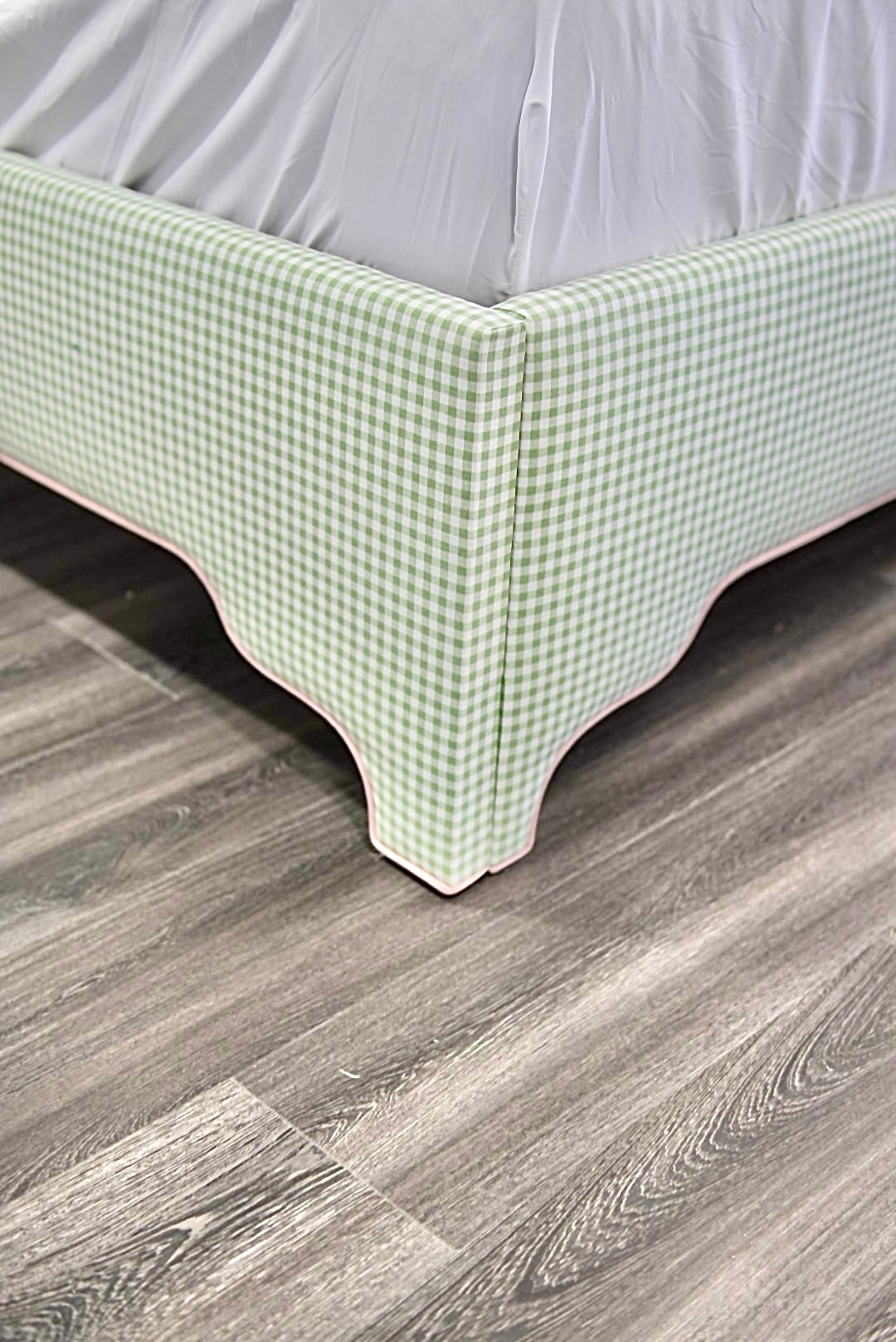 65”H Queen Platform Upholstered Bed - Sage Green Gingham Fabric with Blush Pink Trim