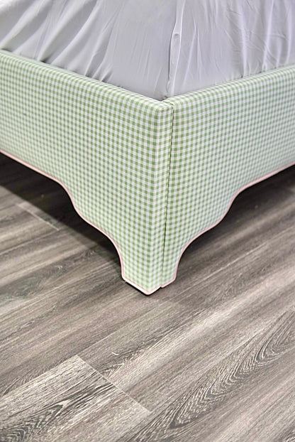 65”H Queen Platform Upholstered Bed - Sage Green Gingham Fabric with Blush Pink Trim