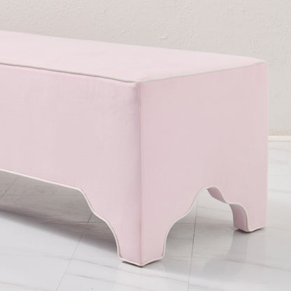 Custom Upholstered Bench in Powder Pink Woven Fabric