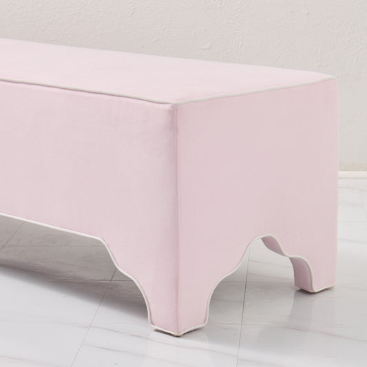 Custom Upholstered Bench in Powder Pink Woven Fabric