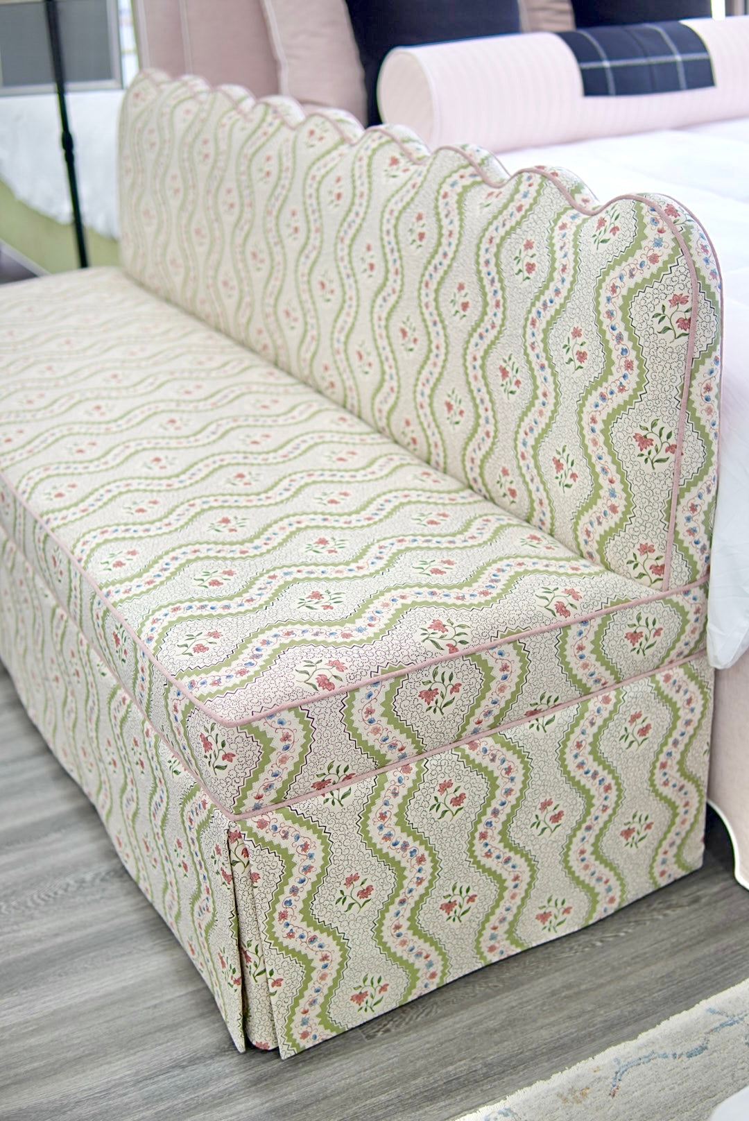 76"L Custom Scalloped Banquette in Natural Luxury Linen - Modern Upholstered Dining Banquette with Pleated Skirt