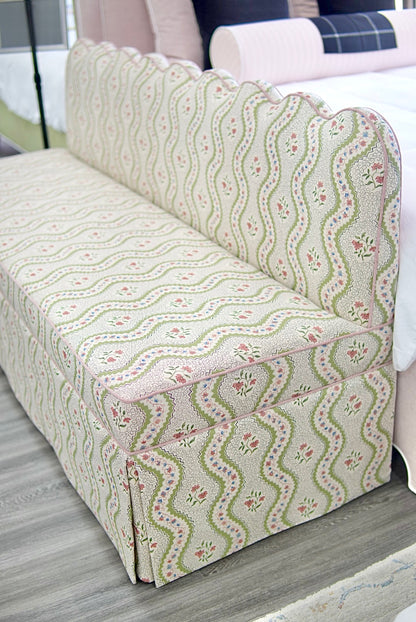 76"L Custom Scalloped Banquette in Natural Luxury Linen - Modern Upholstered Dining Banquette with Pleated Skirt