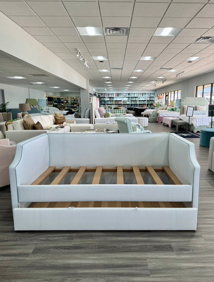 The Addison Twin Trundle Daybed - Ticking Stripe Fabric - Sky Blue Trim