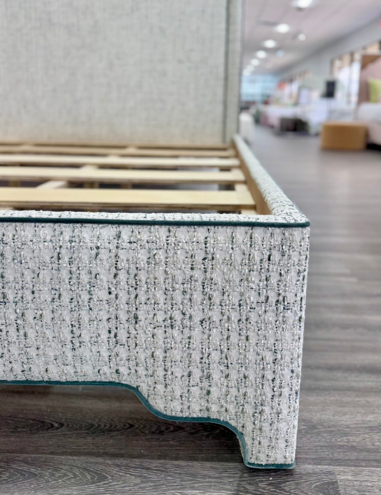 65" H King Platform Bed - Scalloped Legs - Textured Kravet Fabric- Teal Trim