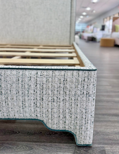 65" H King Platform Bed - Scalloped Legs - Textured Kravet Fabric- Teal Trim