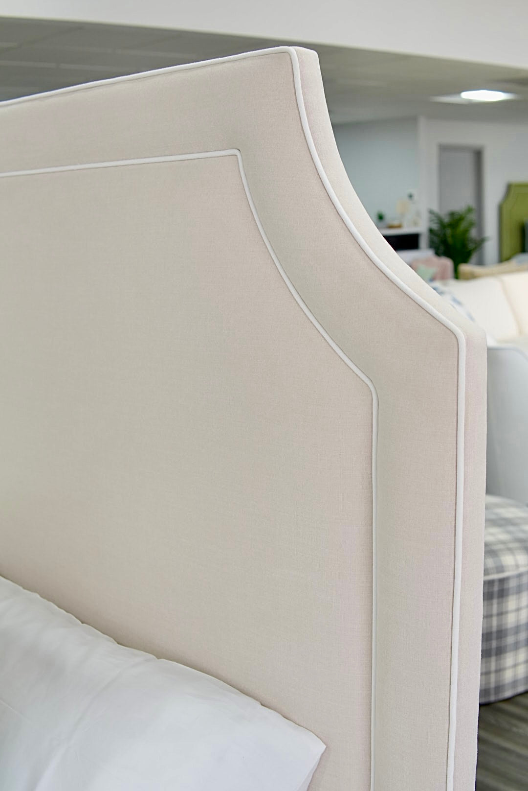 65" H King Platform Bed - Wooden Legs - Oatmeal Woven Fabric - White Welted