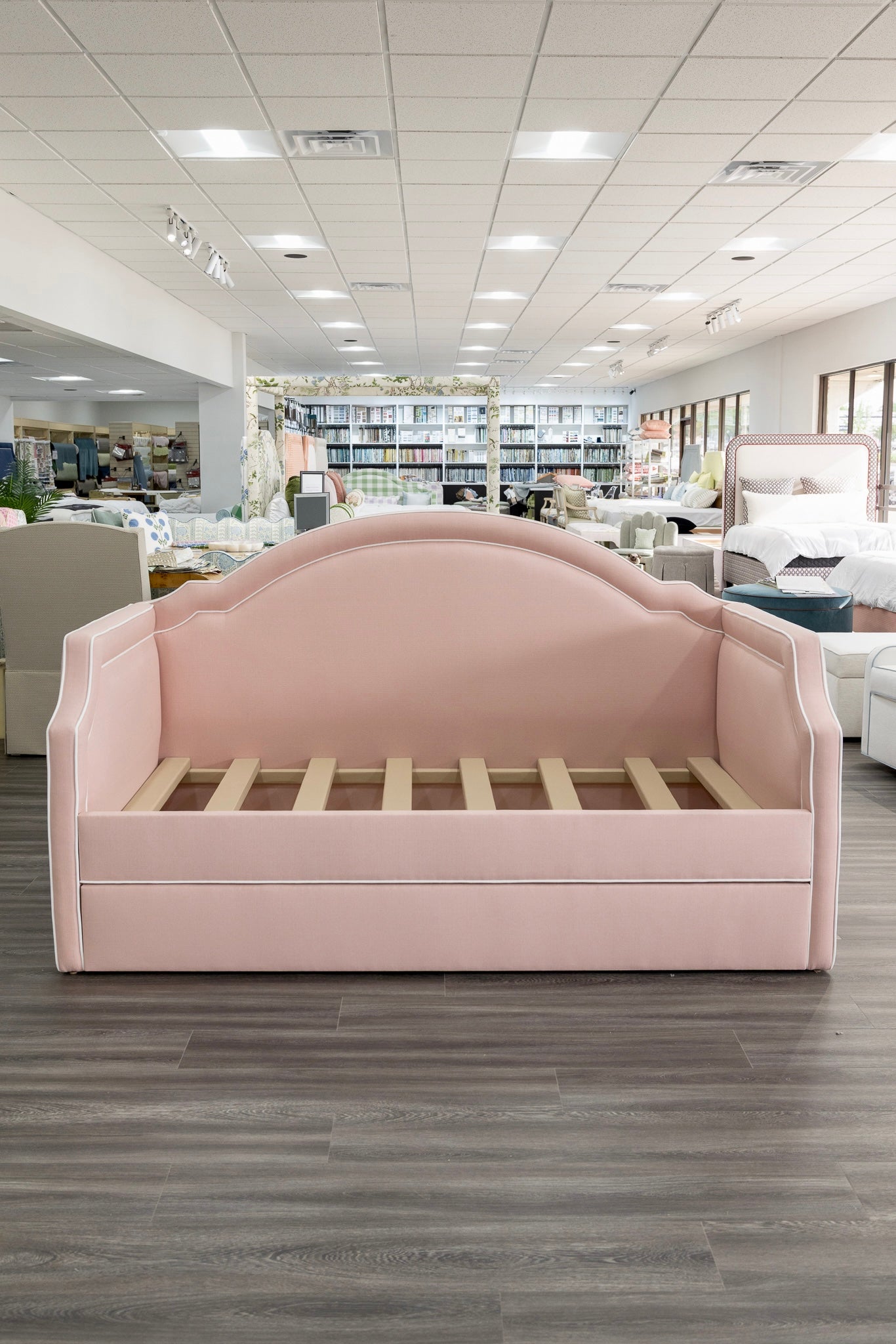 The Grace Twin Trundle Daybed - Pink Linen Fabric - White Trim